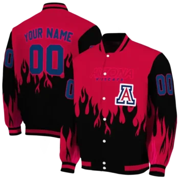 customized arizona wildcats flame border red black varsity jacket fashion forward.webp