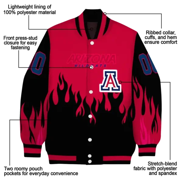 customized arizona wildcats flame border red black varsity jacket new arrival.webp