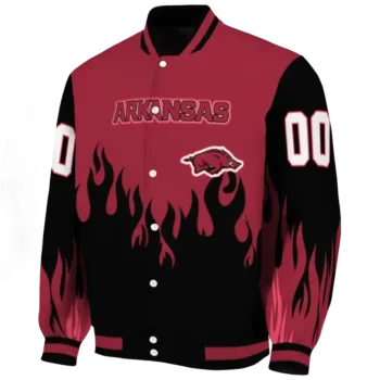 customized arkansas razorbacks flame border red black varsity jacket best selling.webp