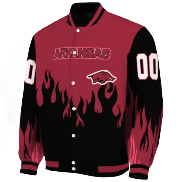 customized arkansas razorbacks flame border red black varsity jacket best selling.webp
