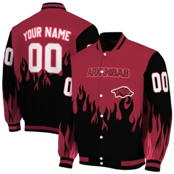 customized arkansas razorbacks flame border red black varsity jacket fashion forward.webp