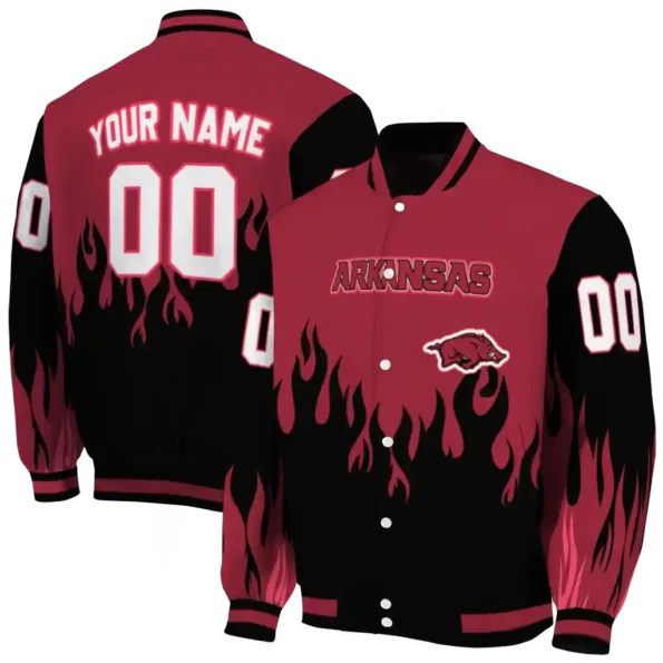 customized arkansas razorbacks flame border red black varsity jacket fashion forward.webp