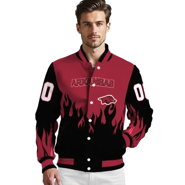 customized arkansas razorbacks flame border red black varsity jacket high quality.webp
