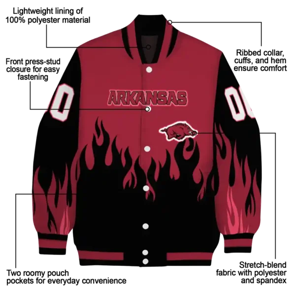 customized arkansas razorbacks flame border red black varsity jacket new arrival.webp