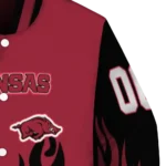 customized arkansas razorbacks flame border red black varsity jacket best selling.webp
