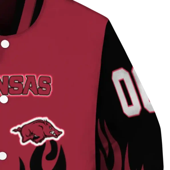customized arkansas razorbacks flame border red black varsity jacket premium grade.webp