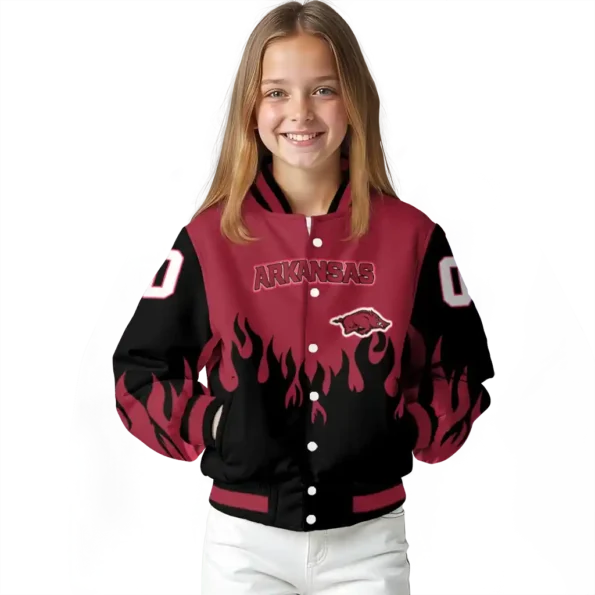 customized arkansas razorbacks flame border red black varsity jacket top rated.webp
