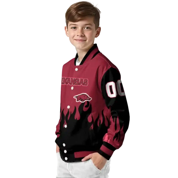 customized arkansas razorbacks flame border red black varsity jacket trendy.webp