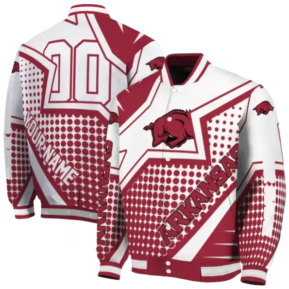 customized arkansas razorbacks star burst red varsity jacket fashion forward.webp