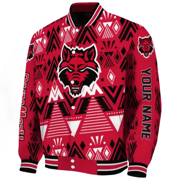 customized arkansas state red wolves pyramid shapes scarlet varsity jacket best selling.webp