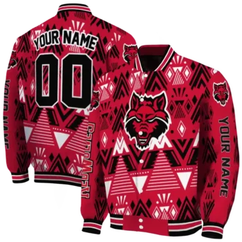 customized arkansas state red wolves pyramid shapes scarlet varsity jacket fashion forward.webp