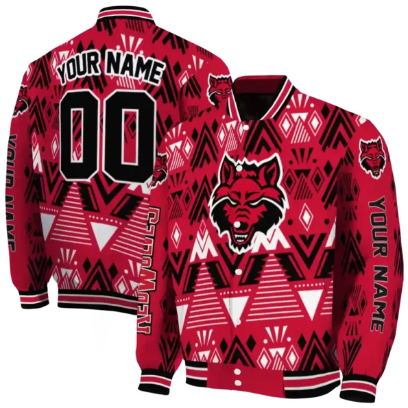 customized arkansas state red wolves pyramid shapes scarlet varsity jacket fashion forward.webp
