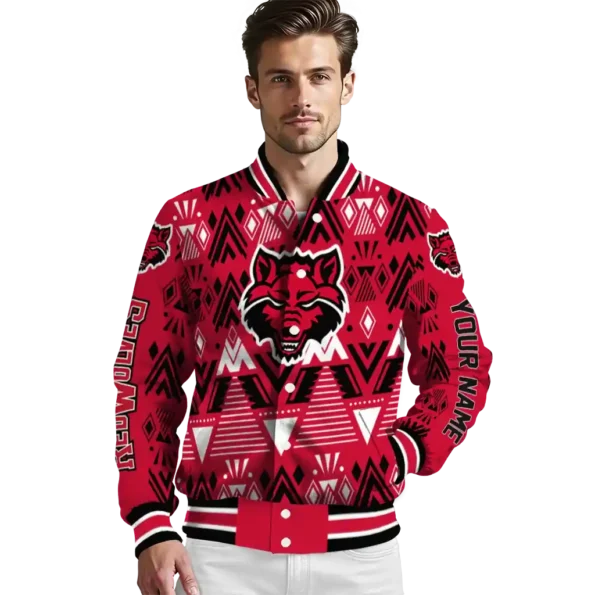 customized arkansas state red wolves pyramid shapes scarlet varsity jacket high quality.webp