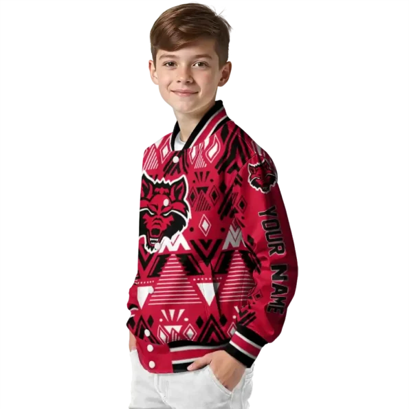 customized arkansas state red wolves pyramid shapes scarlet varsity jacket trendy.webp