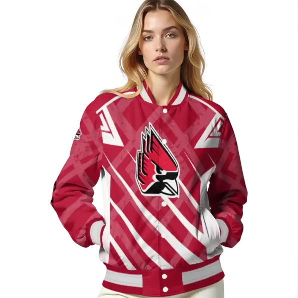 customized ball state cardinals chevron angles red varsity jacket latest model.webp