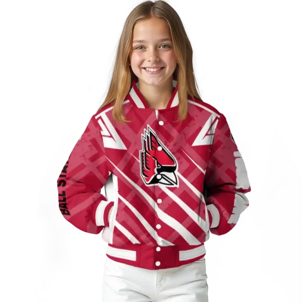 customized ball state cardinals chevron angles red varsity jacket top rated.webp
