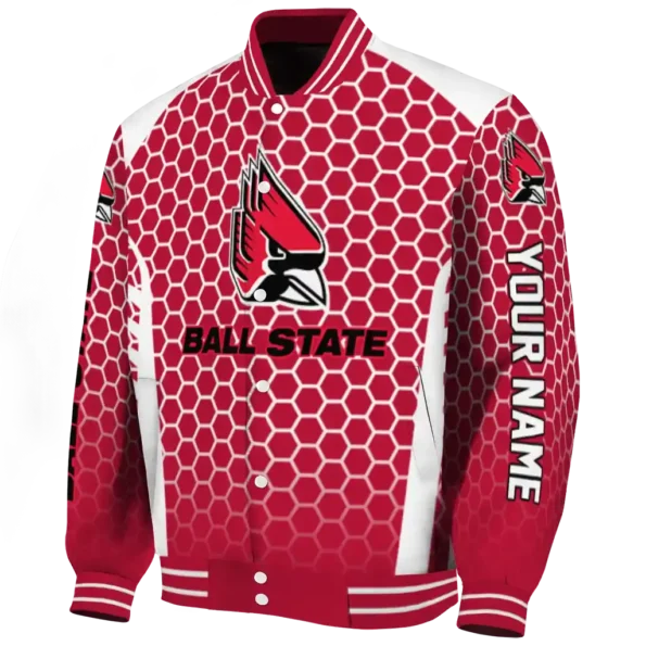 customized ball state cardinals hexagon grid red varsity jacket best selling.webp