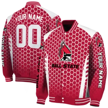 customized ball state cardinals hexagon grid red varsity jacket fashion forward.webp