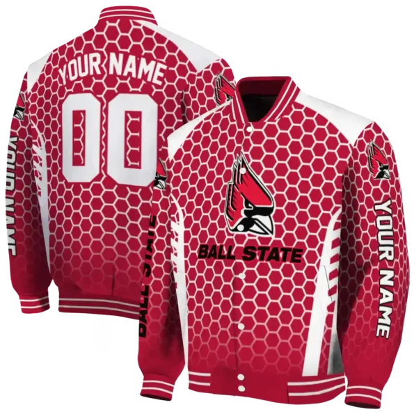 customized ball state cardinals hexagon grid red varsity jacket fashion forward.webp