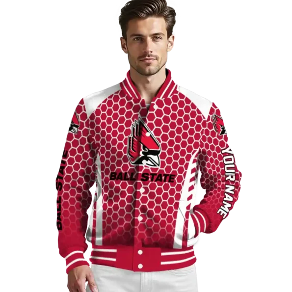 customized ball state cardinals hexagon grid red varsity jacket high quality.webp