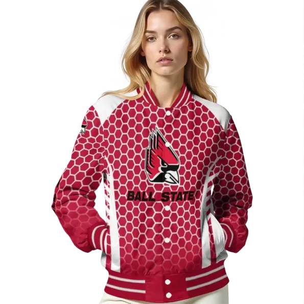 customized ball state cardinals hexagon grid red varsity jacket latest model.webp