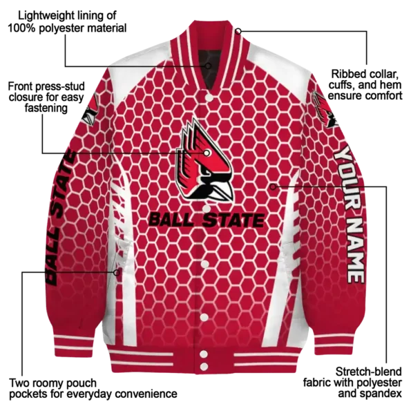 customized ball state cardinals hexagon grid red varsity jacket new arrival.webp