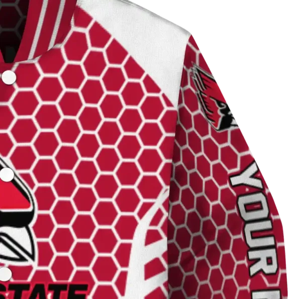customized ball state cardinals hexagon grid red varsity jacket premium grade.webp