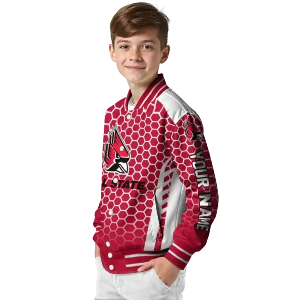 customized ball state cardinals hexagon grid red varsity jacket trendy.webp