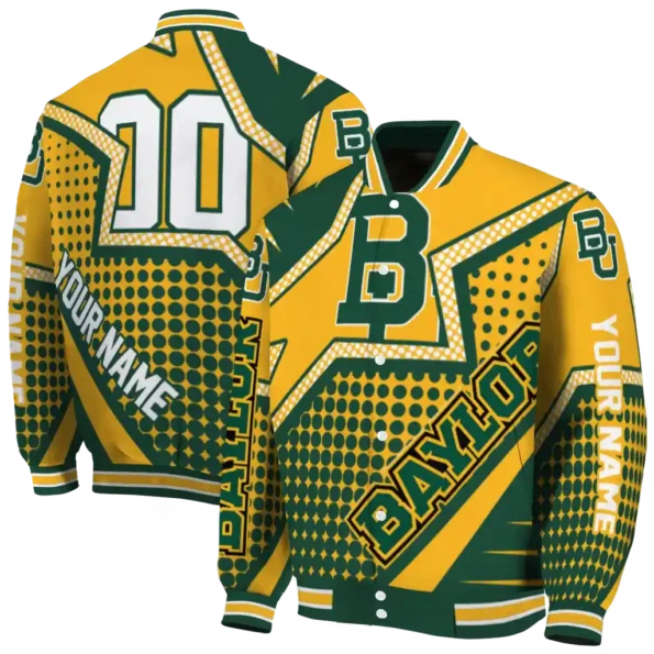 customized baylor bears star burst green varsity jacket fashion forward.webp