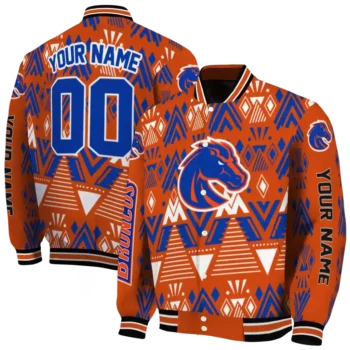 customized boise state broncos pyramid shapes orange varsity jacket fashion forward.webp