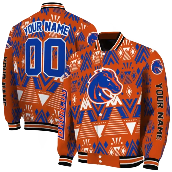 customized boise state broncos pyramid shapes orange varsity jacket fashion forward.webp