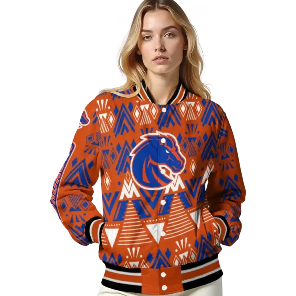 customized boise state broncos pyramid shapes orange varsity jacket latest model.webp