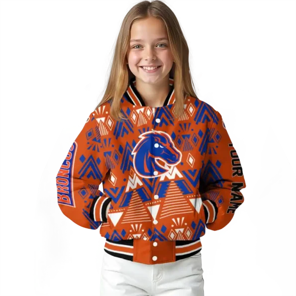 customized boise state broncos pyramid shapes orange varsity jacket top rated.webp