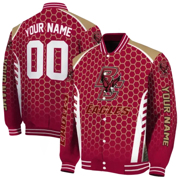 customized boston college eagles hexagon grid maroon varsity jacket fashion forward.webp
