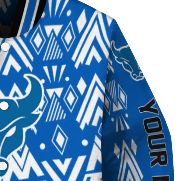 customized buffalo bulls pyramid shapes royal blue varsity jacket premium grade.webp