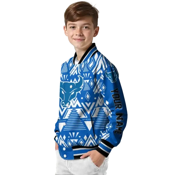 customized buffalo bulls pyramid shapes royal blue varsity jacket trendy.webp
