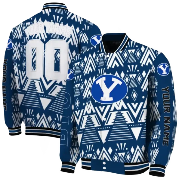 customized byu cougars pyramid shapes blue varsity jacket fashion forward.webp