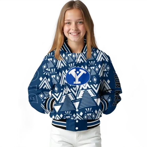 customized byu cougars pyramid shapes blue varsity jacket top rated.webp