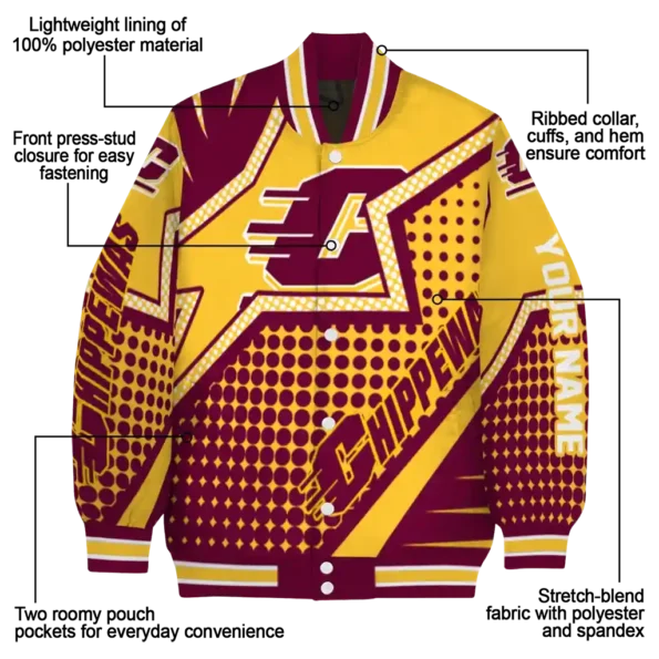 customized central michigan chippewas star burst maroon varsity jacket new arrival.webp