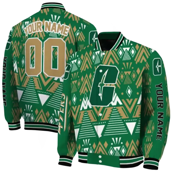 customized charlotte 49ers pyramid shapes green varsity jacket fashion forward.webp