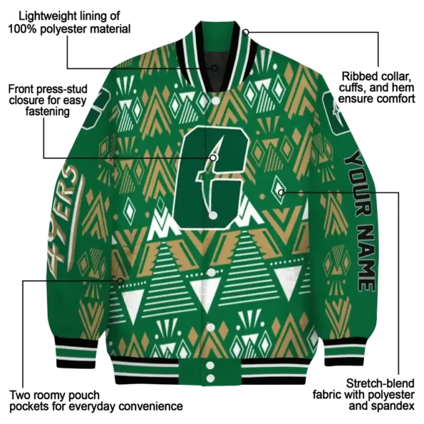 customized charlotte 49ers pyramid shapes green varsity jacket new arrival.webp