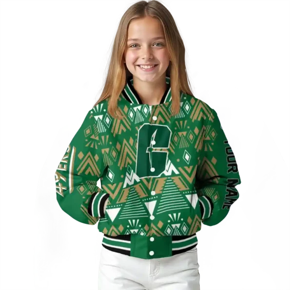 customized charlotte 49ers pyramid shapes green varsity jacket top rated.webp