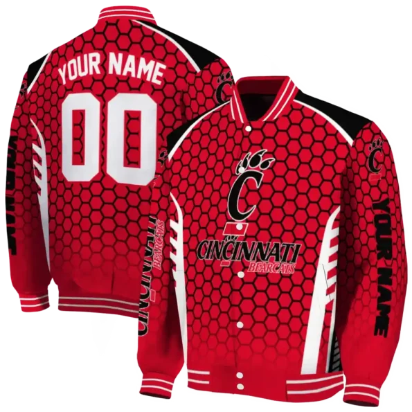 customized cincinnati bearcats hexagon grid red varsity jacket fashion forward.webp