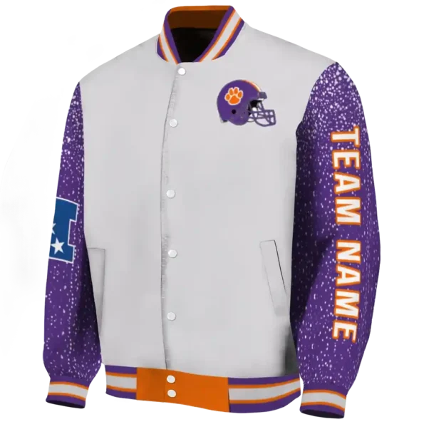 customized clemson tigers speckled arms orange gray varsity jacket best selling.webp
