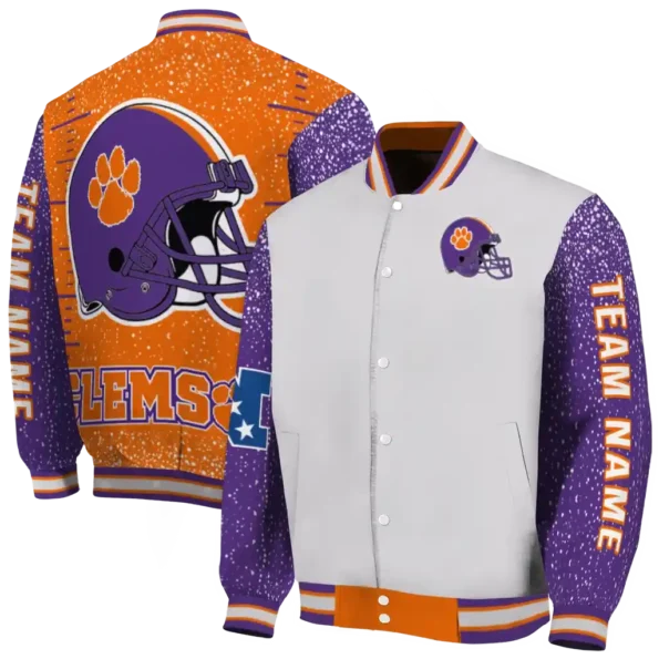 customized clemson tigers speckled arms orange gray varsity jacket fashion forward.webp