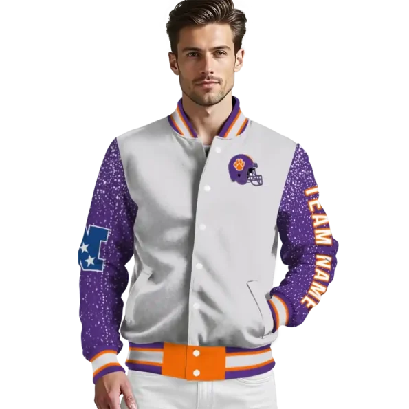 customized clemson tigers speckled arms orange gray varsity jacket high quality.webp