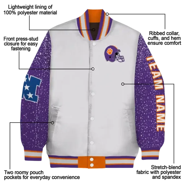 customized clemson tigers speckled arms orange gray varsity jacket new arrival.webp
