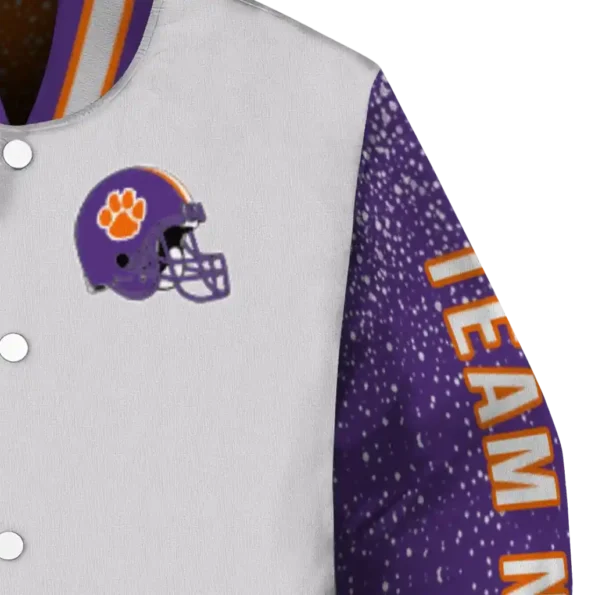 customized clemson tigers speckled arms orange gray varsity jacket premium grade.webp