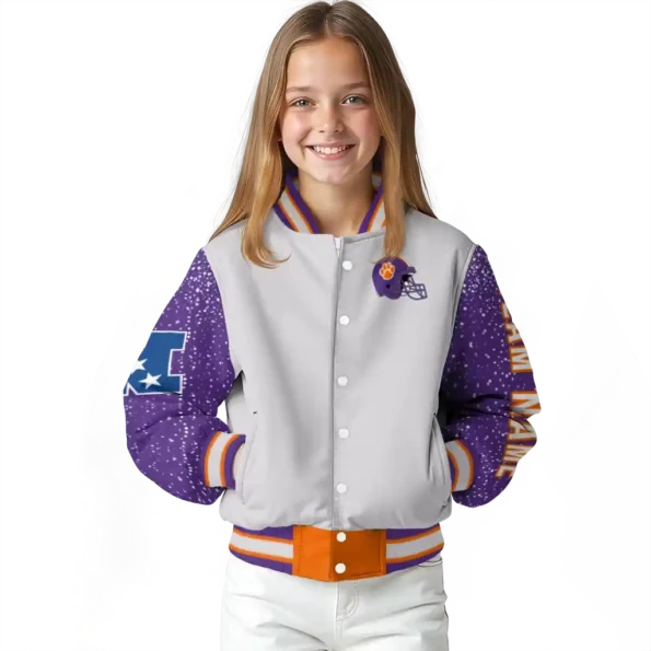 customized clemson tigers speckled arms orange gray varsity jacket top rated.webp