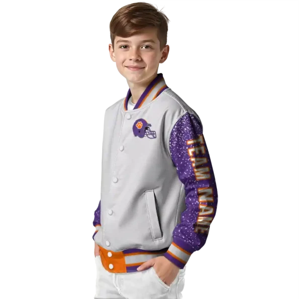 customized clemson tigers speckled arms orange gray varsity jacket trendy.webp